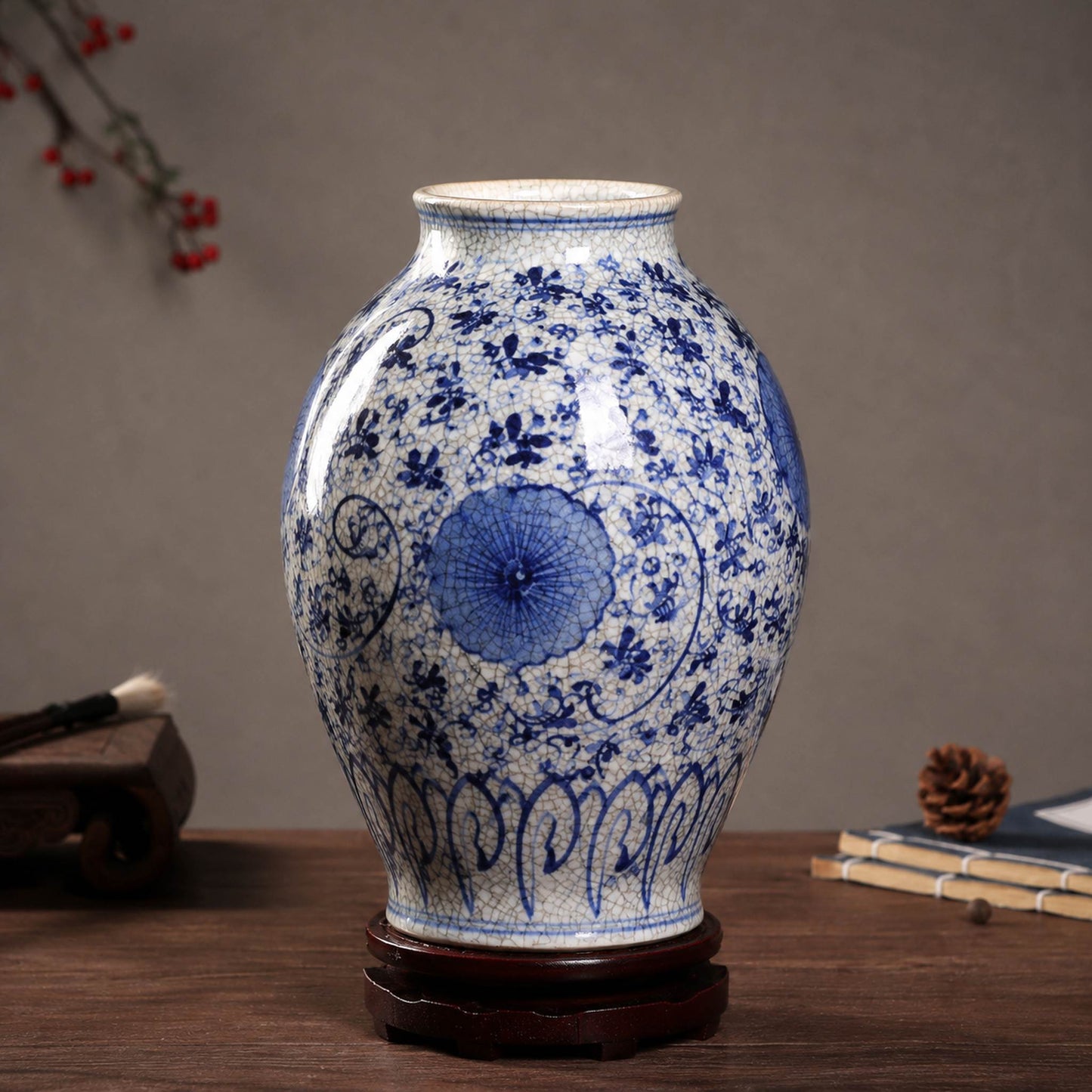 Blue and white porcelain winter melon vase on wooden display base catalogue shot