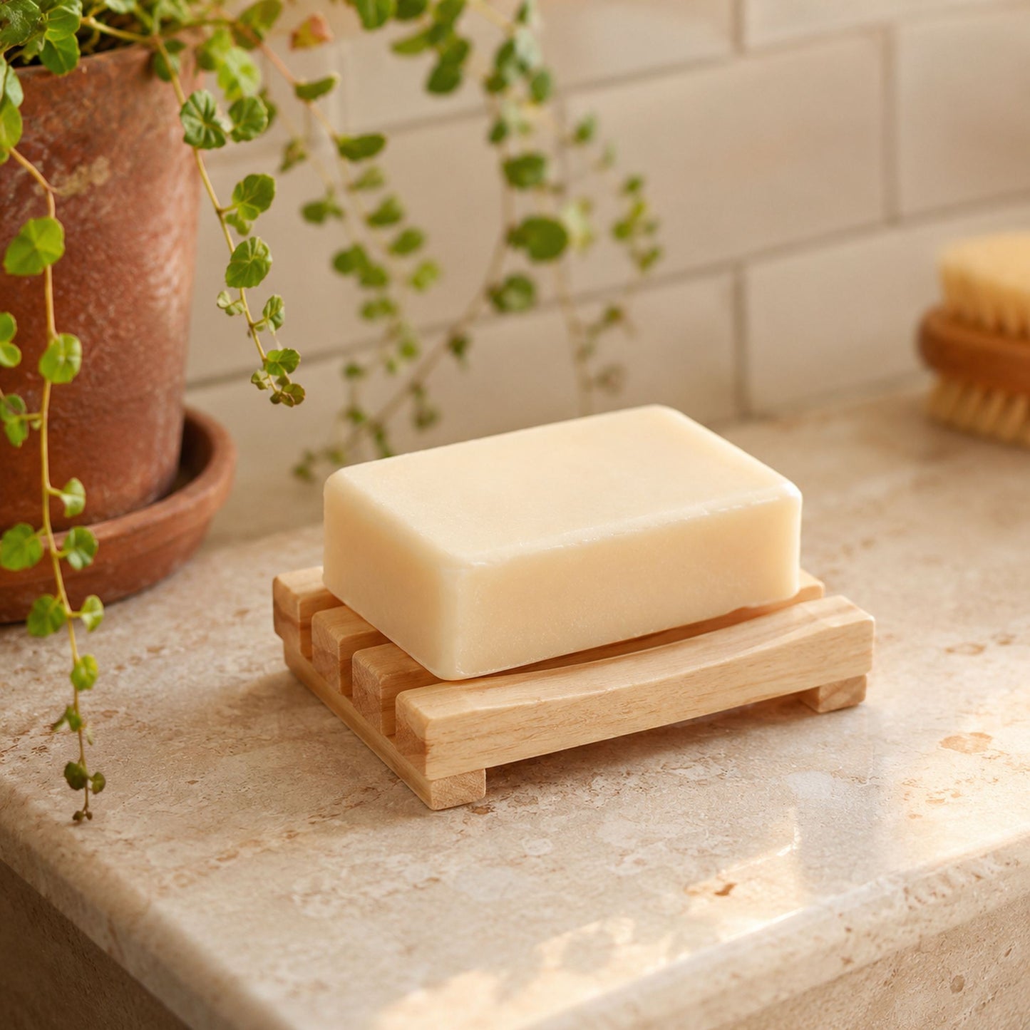 Natural wooden soap rack with soap bar styled on bathroom edge with terracotta planter and trailing greenery, late afternoon