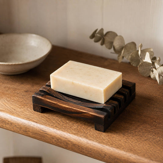 Charred wooden soap rack styled on warm oak bathroom shelf with ceramic dish and dried eucalyptus, lifestyle shot
