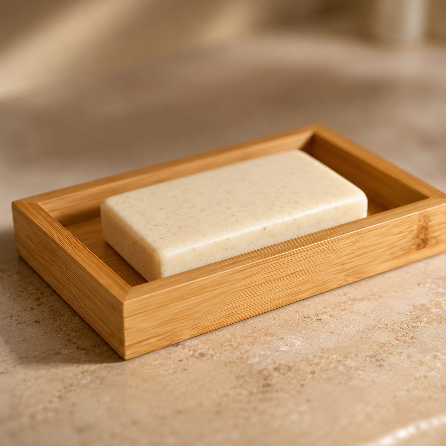 Bamboo soap dish detail close-up with natural cream soap bar on warm travertine bathroom surface, soft side light
