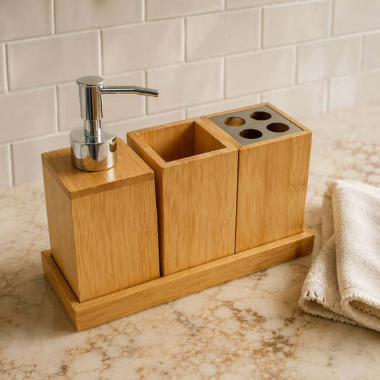 Bamboo bathroom organiser set on cream marble bathroom countertop with trailing pothos plant and waffle hand towel, warm morning light