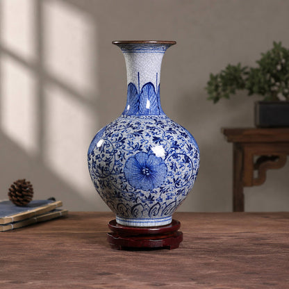 Blue and white porcelain appreciation bottle vase on wooden display base catalogue shot