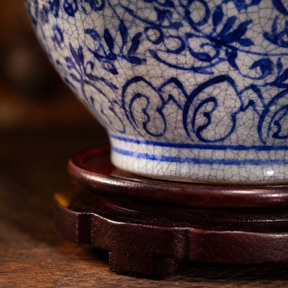 Blue and white porcelain vase crackle glaze close-up detail with cobalt brushwork