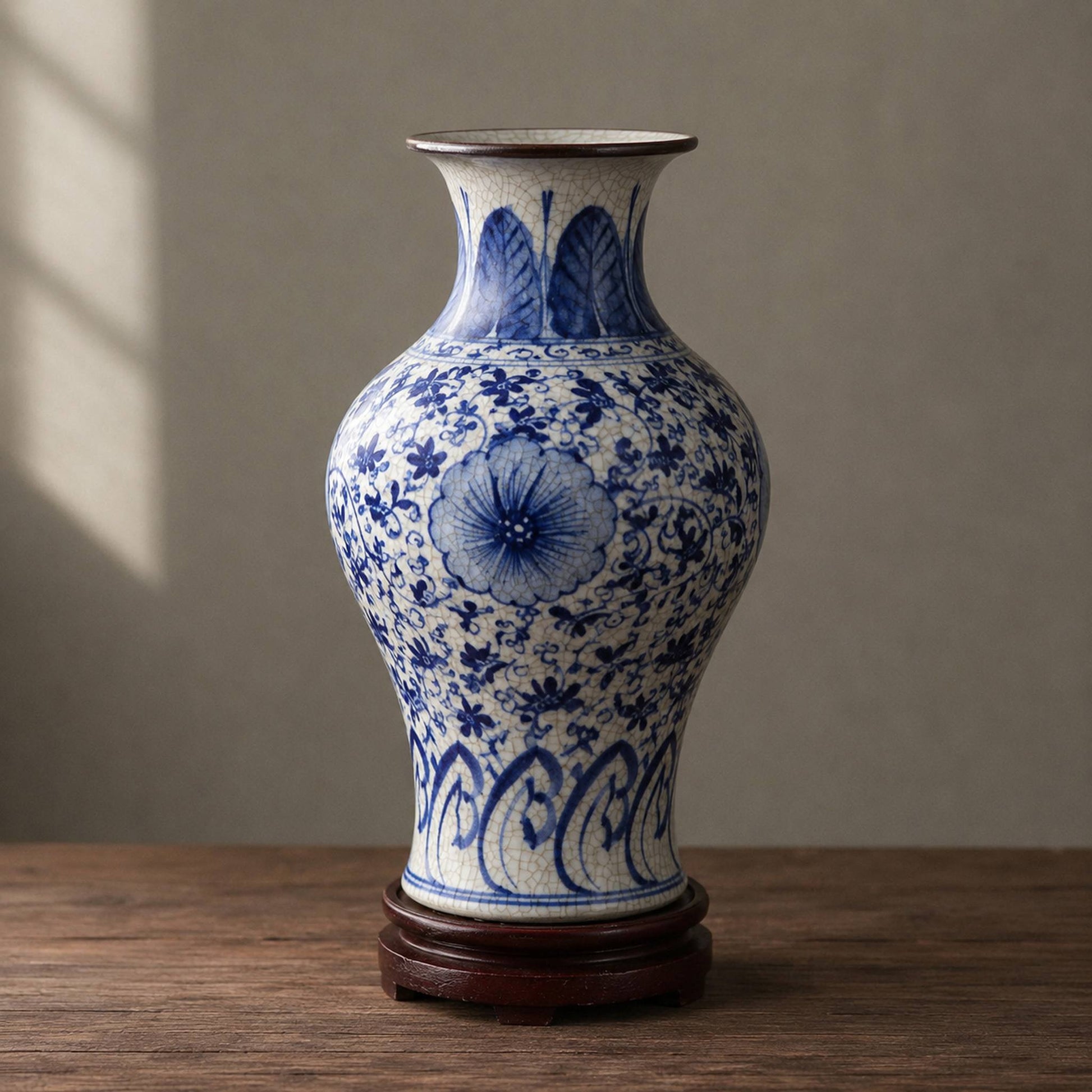 Blue and white porcelain fish-tail vase on wooden display base catalogue shot