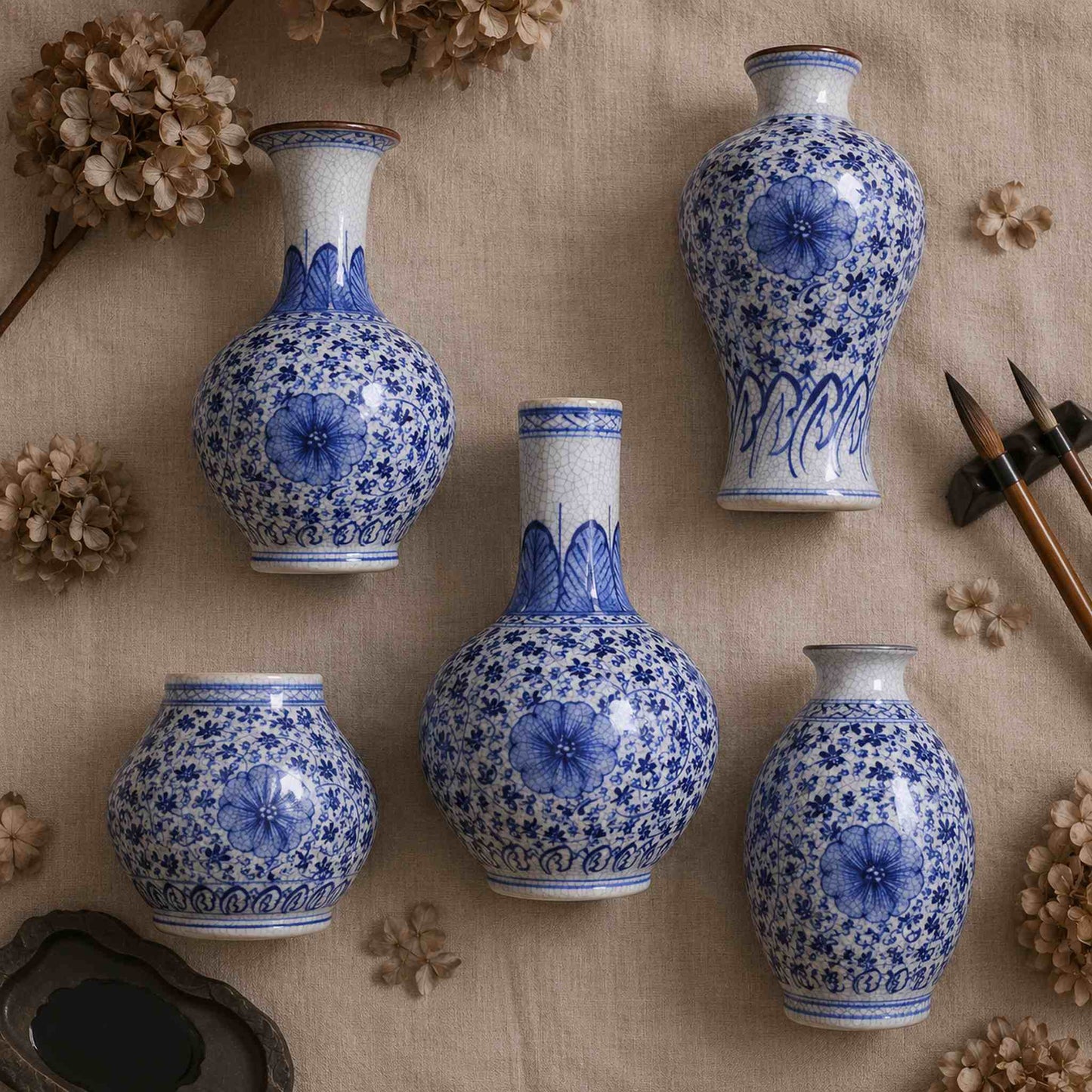 Blue and white porcelain vase flat lay of all five hand-painted chinoiserie shapes