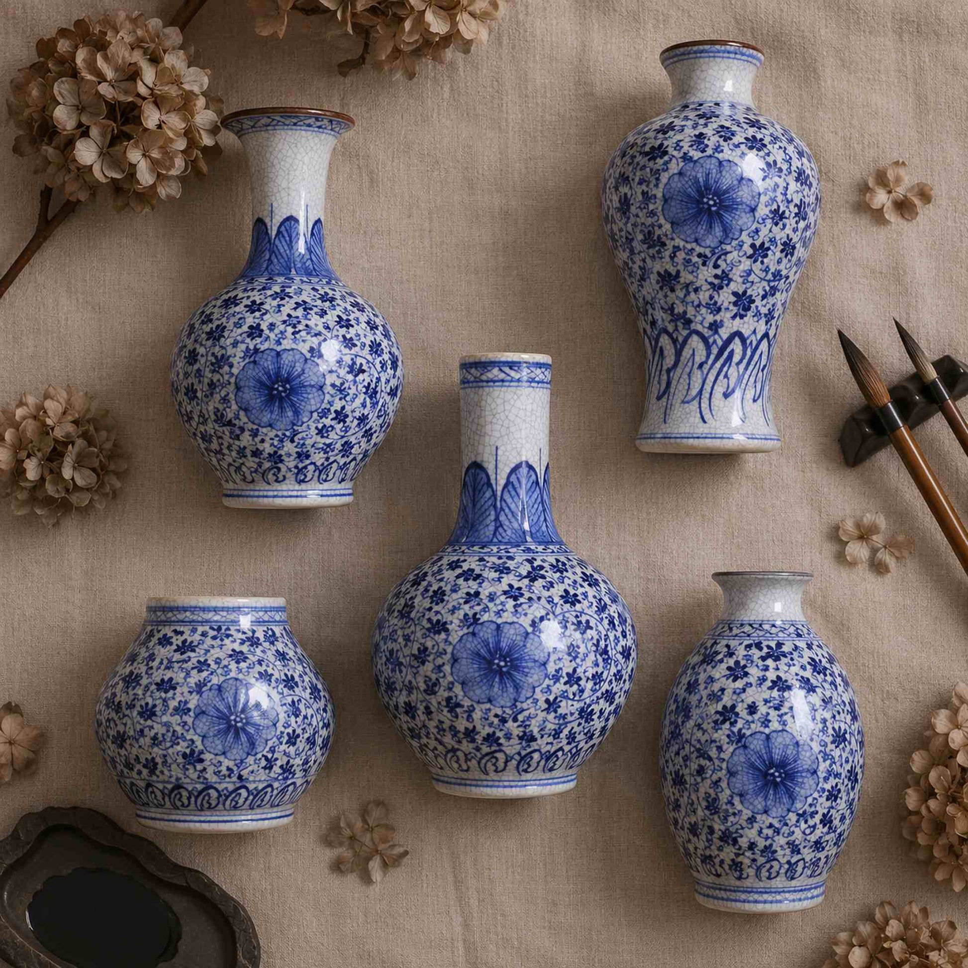 Blue and white porcelain vase flat lay of all five hand-painted chinoiserie shapes