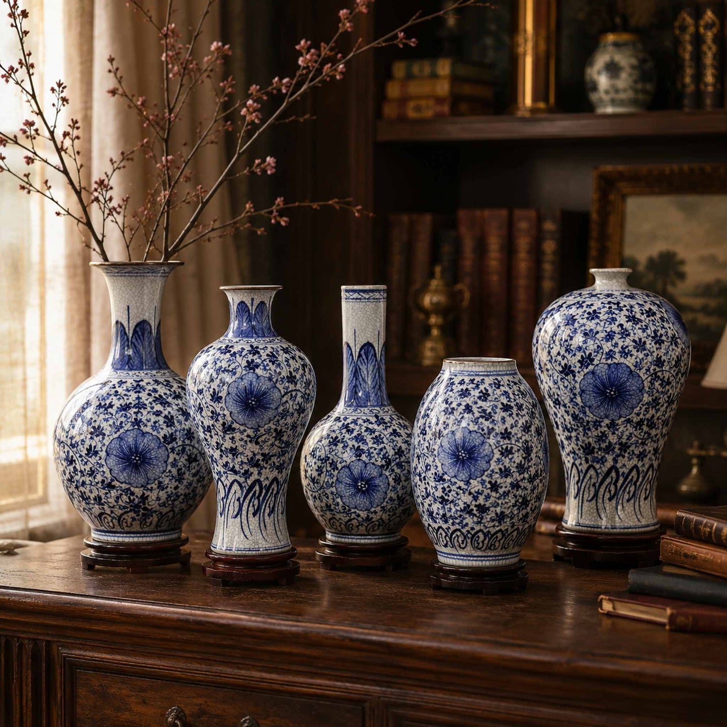 Blue and white porcelain vase group hero shot of all five chinoiserie shapes