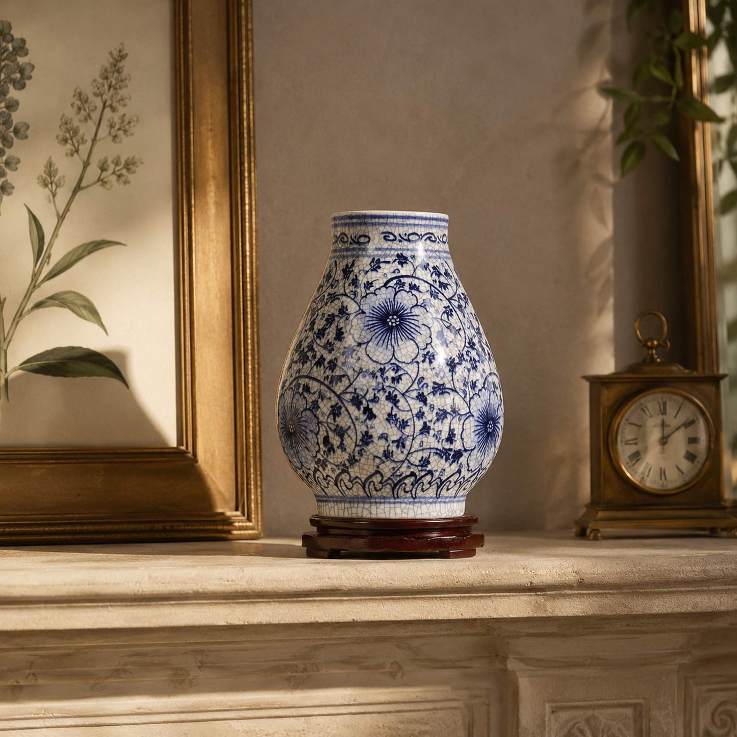 Blue and white porcelain Fu bottle vase styled on mantelpiece with botanical print