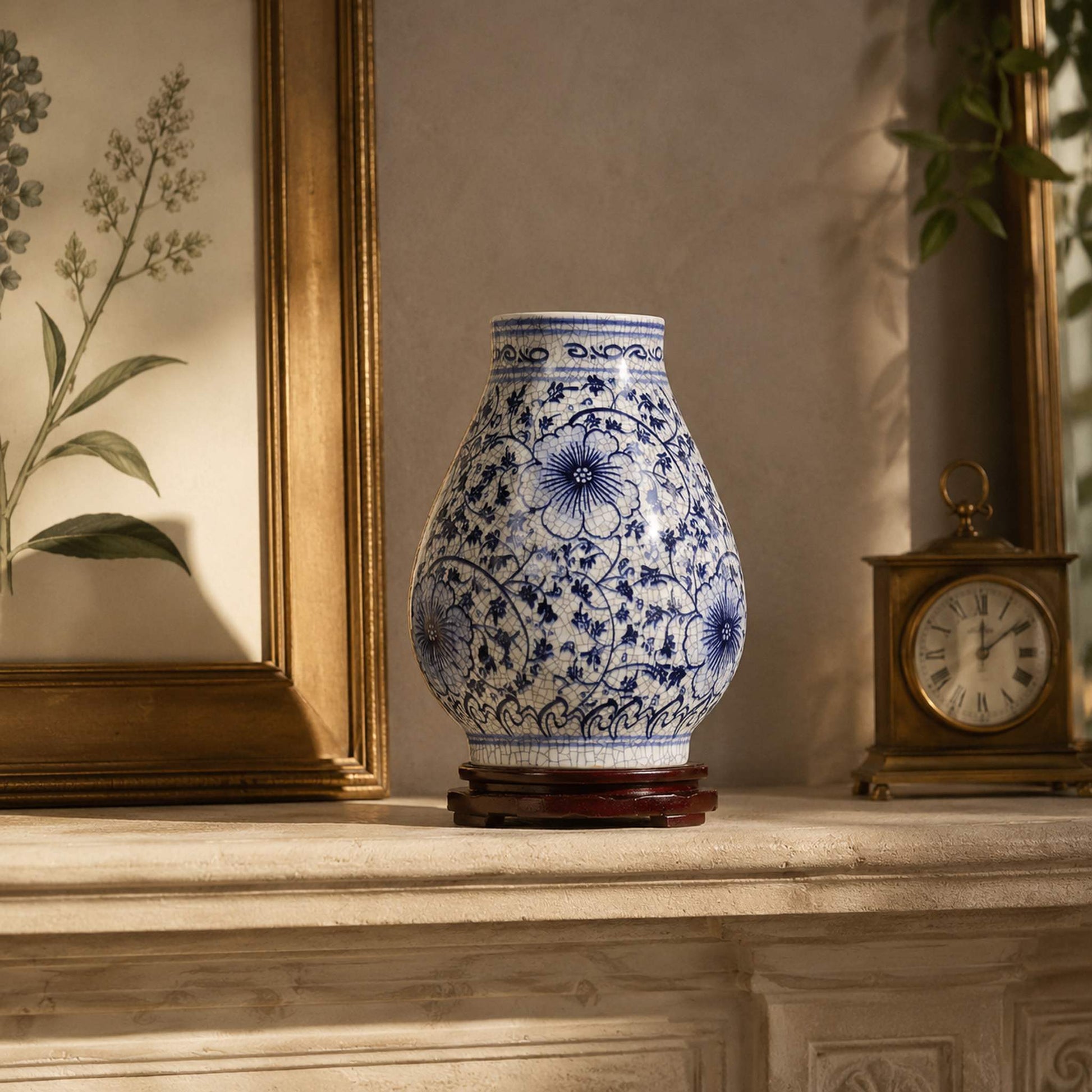 Blue and white porcelain Fu bottle vase styled on mantelpiece with botanical print