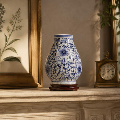 Blue and white porcelain Fu bottle vase styled on mantelpiece with botanical print