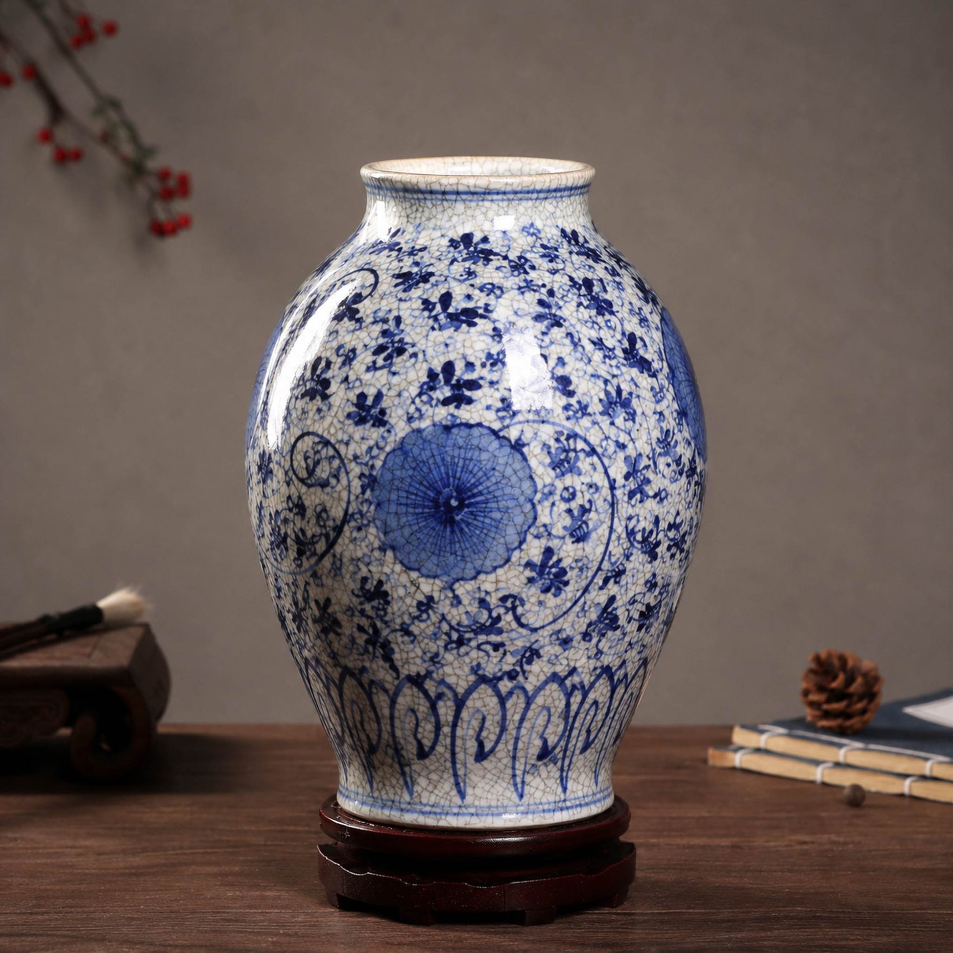 Blue and white porcelain winter melon vase on wooden display base catalogue shot
