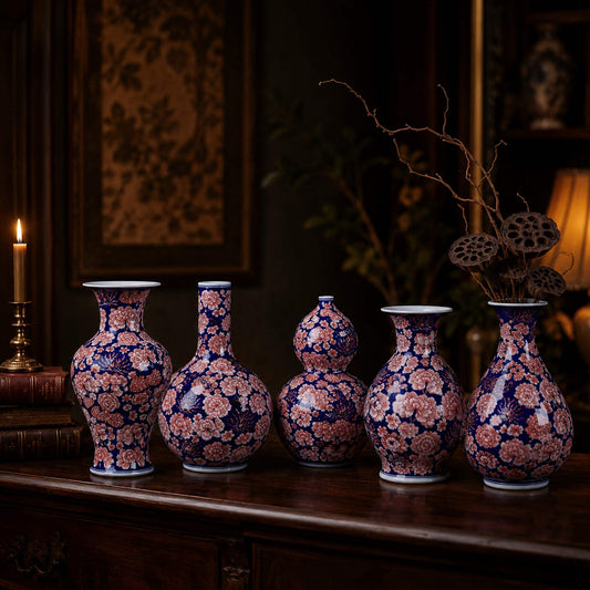 Cobalt aubergine porcelain vase group hero shot of all five hand-painted shapes