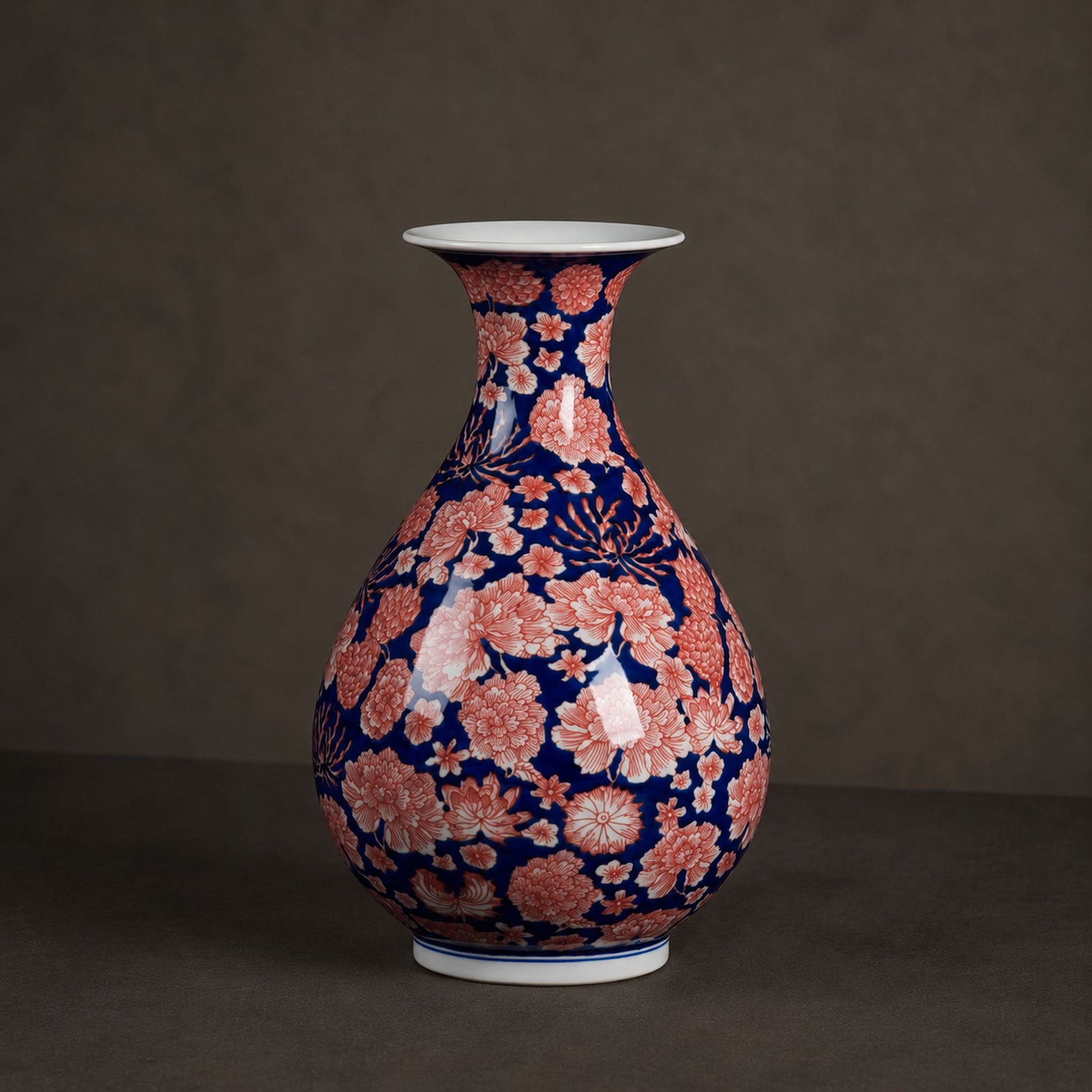 Cobalt aubergine porcelain jade pot spring vase catalogue shot on warm grey background