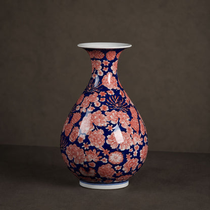 Cobalt aubergine porcelain jade pot spring vase catalogue shot on warm grey background