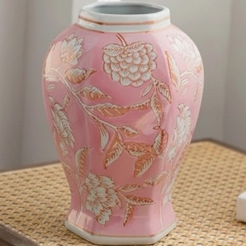 Pink hexagonal chinoiserie ceramic vase with botanical detail — Holm & Hearth