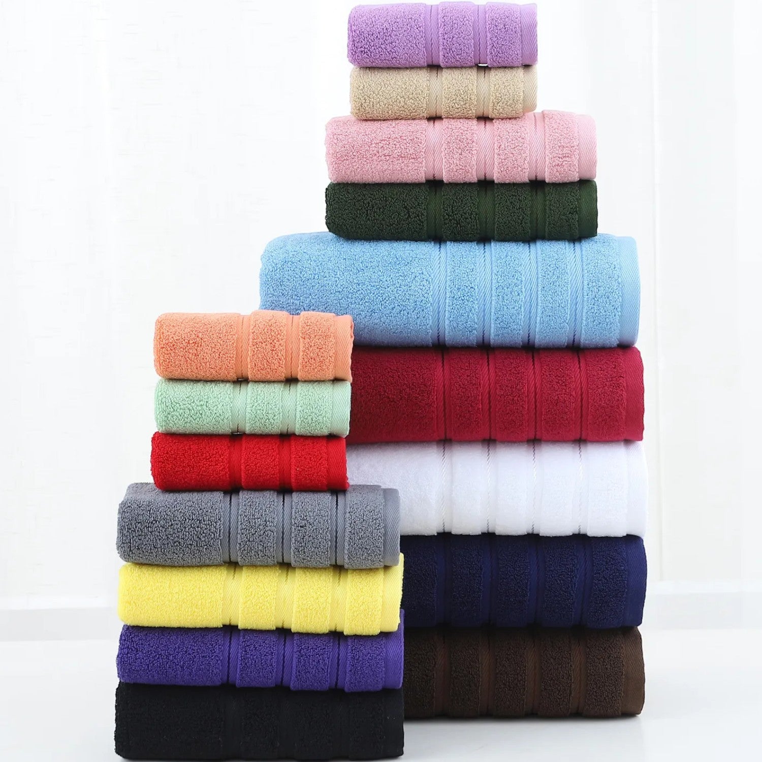 Stacked cotton bath towels in eight colours — Holm & Hearth