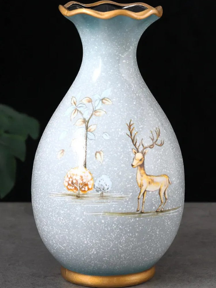 Pale speckled ceramic vase with hand-painted deer landscape — Holm & Hearth