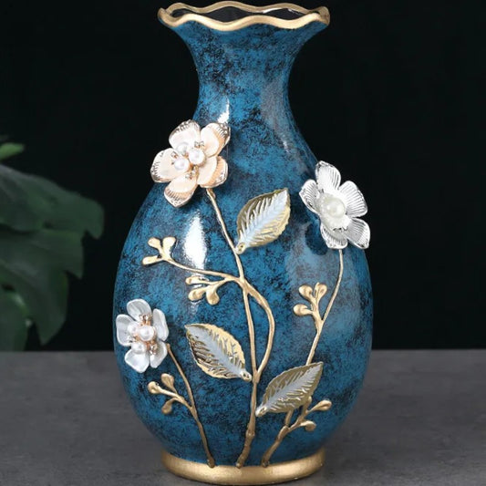Teal ceramic vase with raised enamel flowers and gold-leaf accents — Holm & Hearth