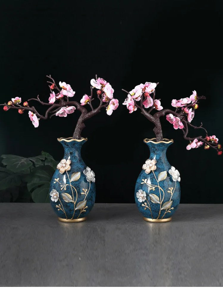 Pair of teal ceramic vases with plum blossom branches — Holm & Hearth