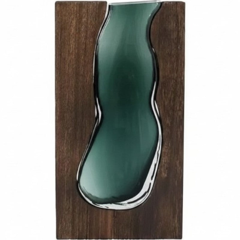 Large wave-shaped glass vase in dark paulownia wood frame — Holm & Hearth