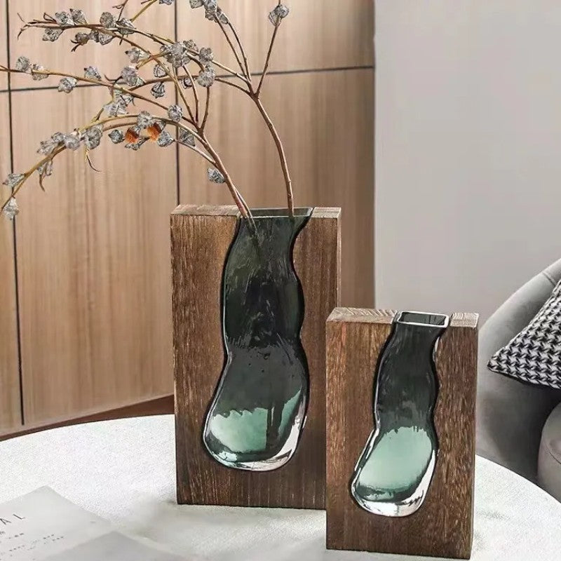 Pair of wave-shaped glass vases in wooden frames with dried branch — Holm & Hearth