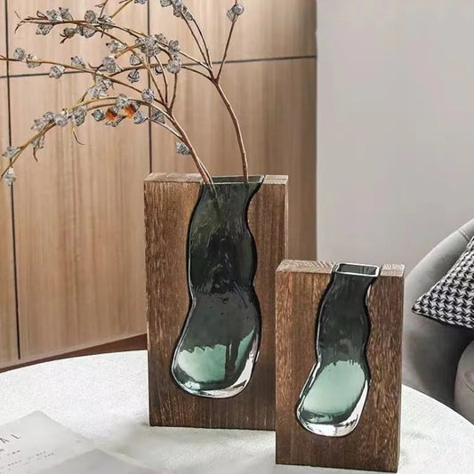 Pair of wave-shaped glass vases in wooden frames with dried branch — Holm & Hearth