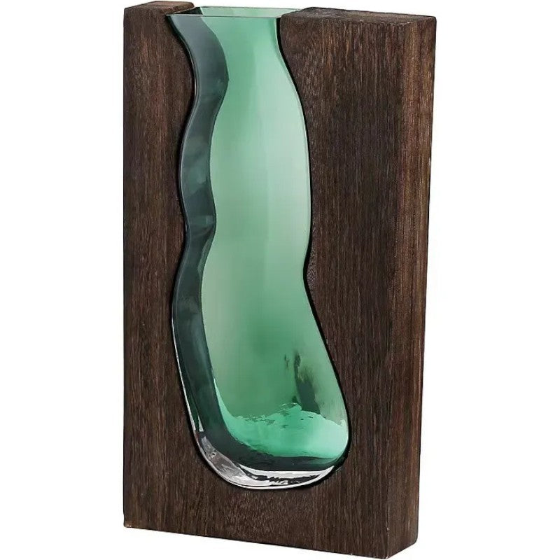 Small wave-shaped glass vase set in dark paulownia wood frame — Holm & Hearth