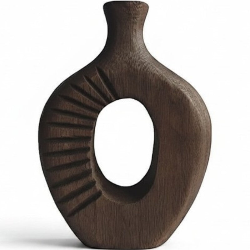 Tall carved sunburst wooden vase in dark wood with hand-carved detail — Holm & Hearth