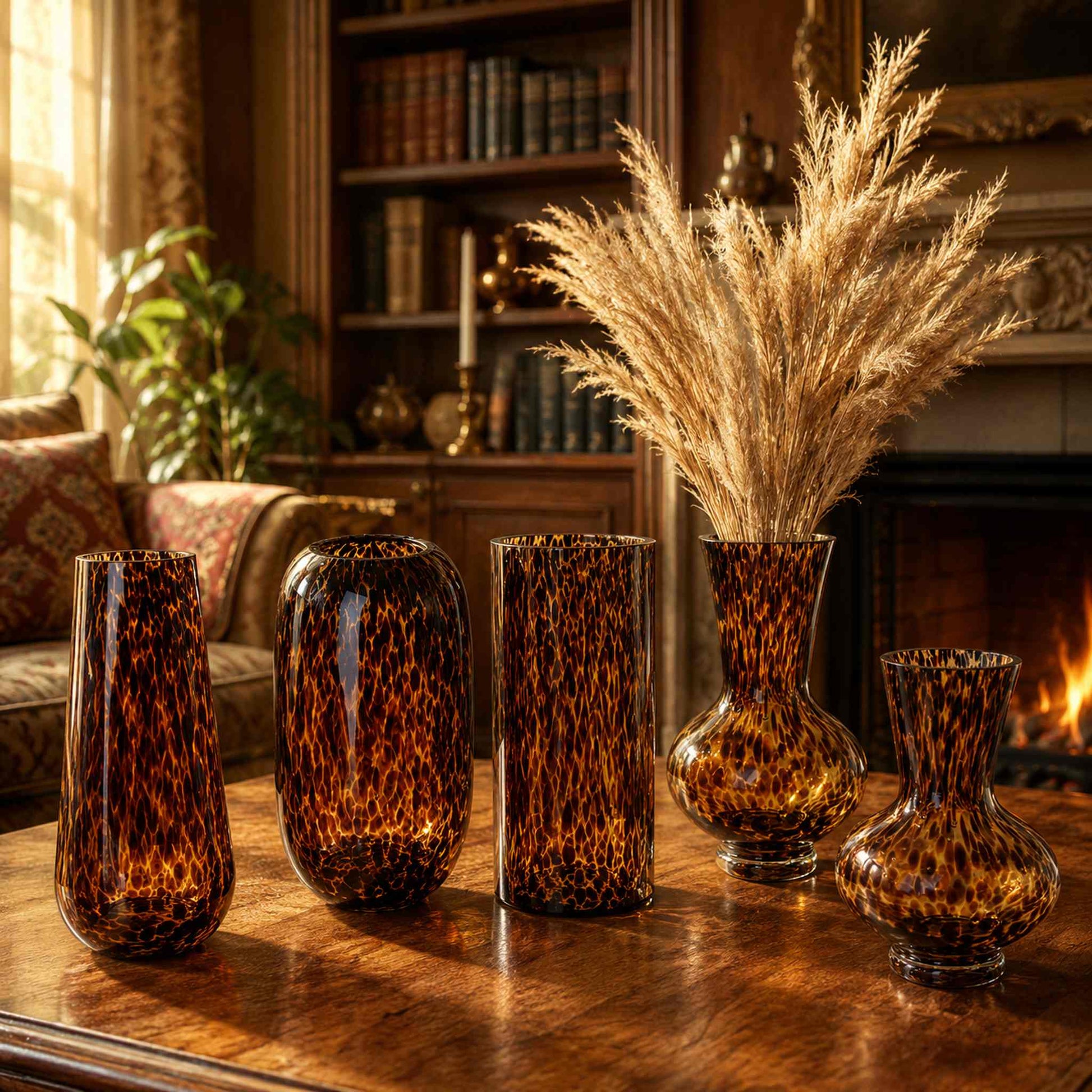 Leopard print glass vase group hero shot of all five sculptural amber shapes