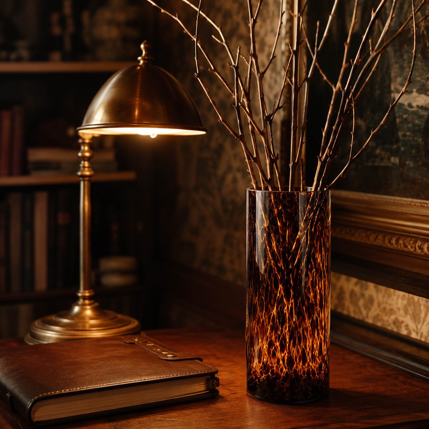 Leopard print glass straight cylinder vase styled on study desk with bare branches