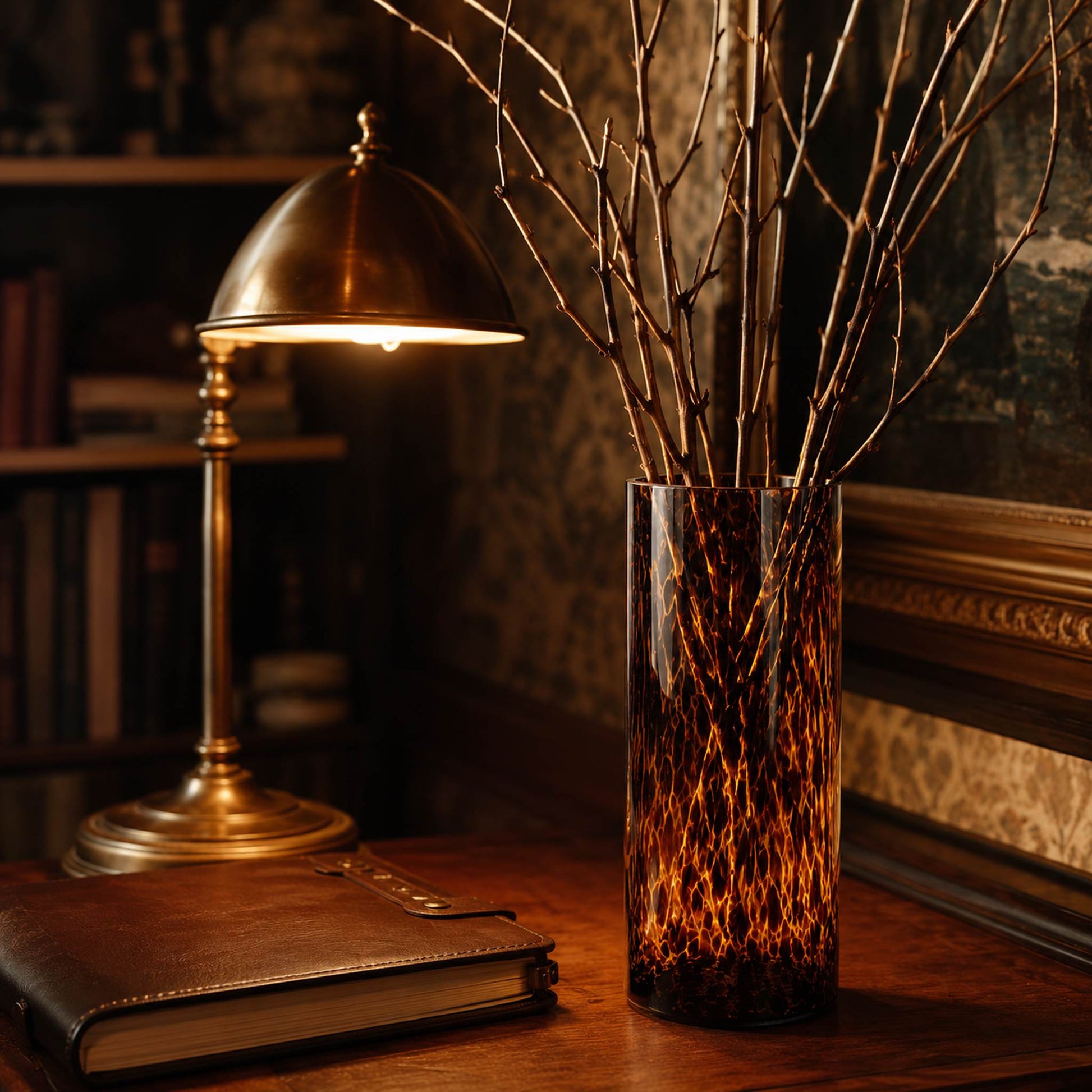 Leopard print glass straight cylinder vase styled on study desk with bare branches