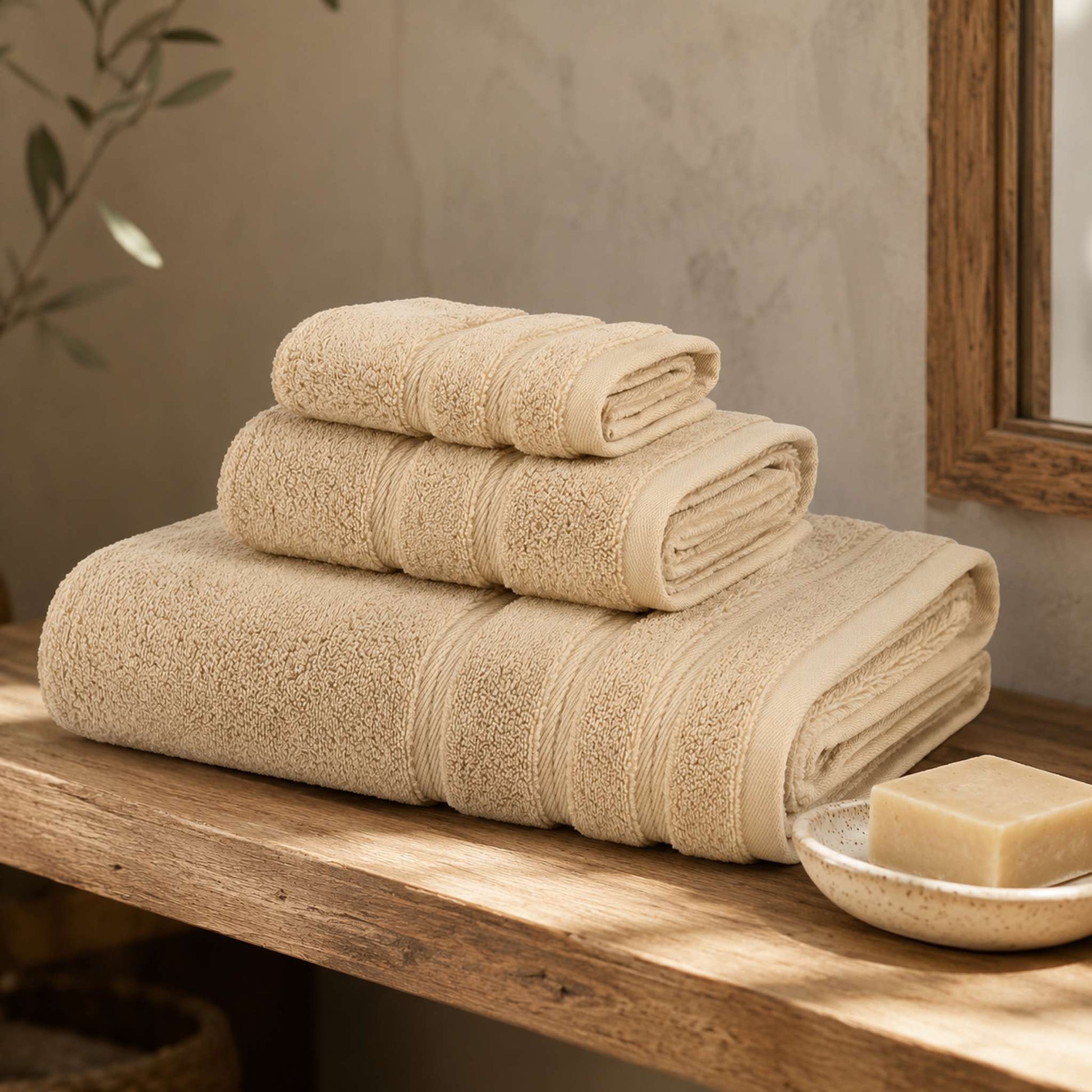 Folded oat pure cotton bath towel 3-piece set on warm wooden bathroom shelf with ceramic dish and natural soap, lifestyle shot