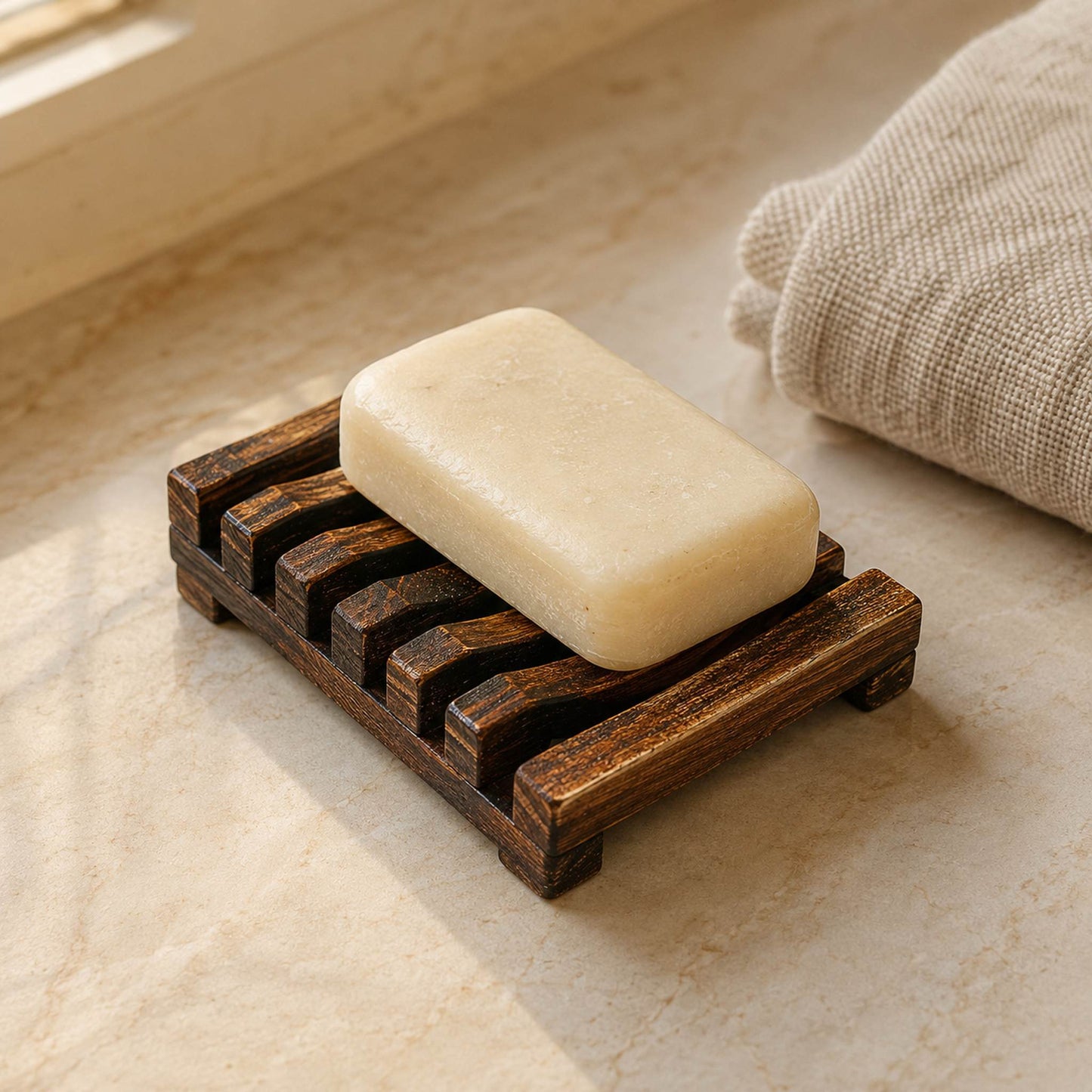 Charred wooden soap rack with natural soap bar on cream marble bathroom counter, warm morning light, hero shot