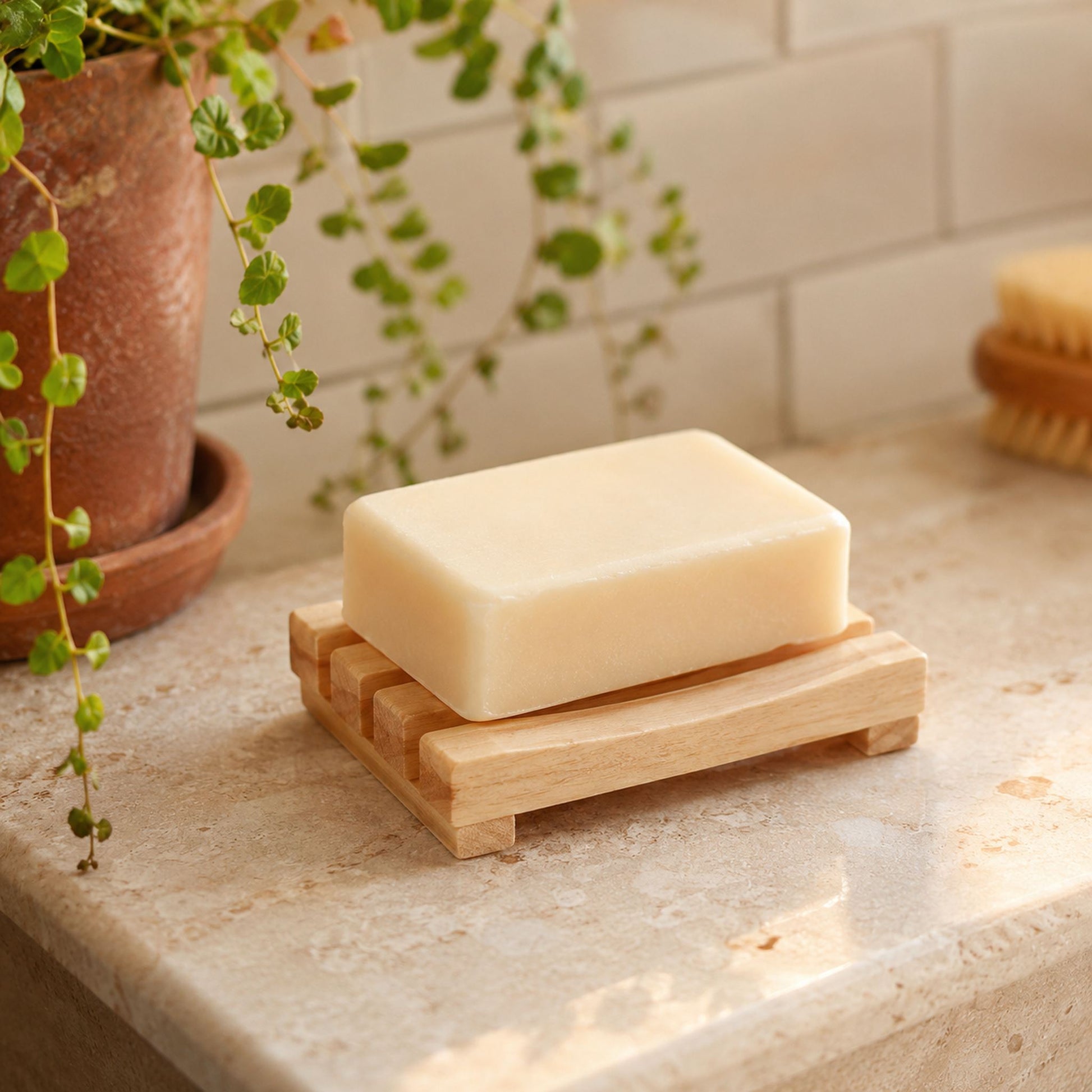 Natural wooden soap rack with soap bar styled on bathroom edge with terracotta planter and trailing greenery, late afternoon